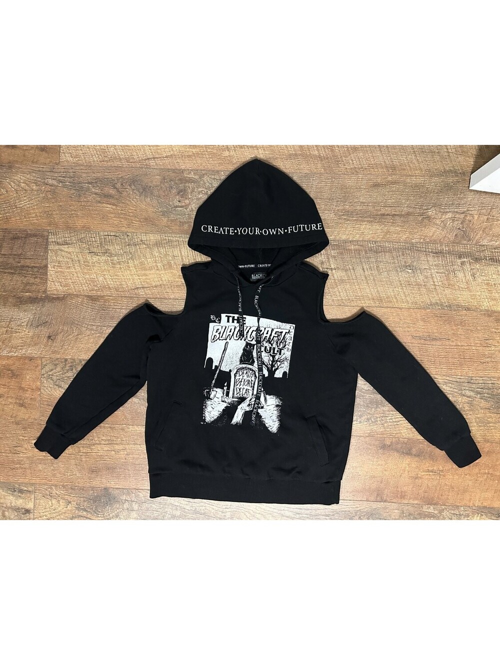 Blackcraft Cult Death Before Decaf Cold Shoulder Cut Out Hoodie Sweatshirt Small